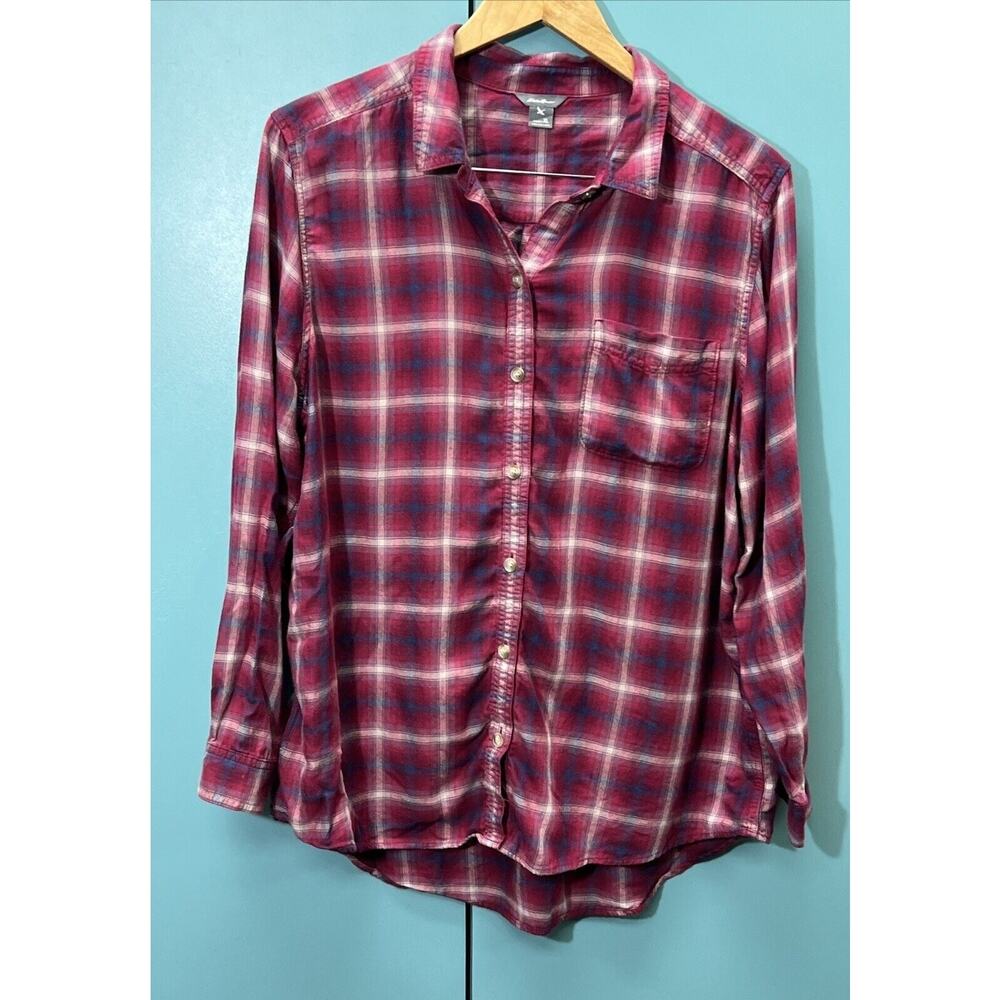 Eddie Bauer Women's XL Red Blue Plaid Rayon Cotton Flannel Cottagecore Outdoor